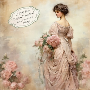 Dame vintage shabby chic avec roses roses vieillies en papier Clipart Bundle-10 haute qualité aquarelle JPGs-journal, scrapbooking, téléchargement numérique