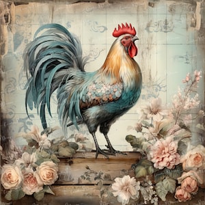 Shabby Chic Rooster in Flower Garden Clipart Bundle- 10 High Quality ...