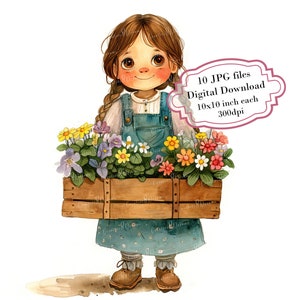Entzückendes kleines Mädchen im Garten Clipart Bundle - 10 hochwertige Aquarell JPGs - Kinderzimmer Kunst, Journaling, Scrapbooking, digitaler Download