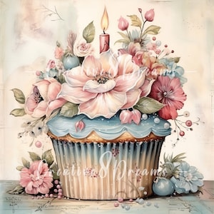 Shabby Chic Geburtstag Cupcake Clipart Bundle - 10 hochwertige Aquarell JPGs - Feier, Journaling, Scrapbooking, digitaler Download