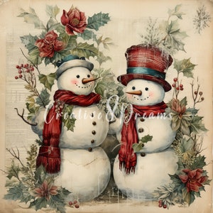 Bundle de cliparts bonhommes de neige floraux rouges chic minables - 10 JPG aquarelles de haute qualité - Noël, artisanat de découpage, scrapbooking, téléchargement numérique