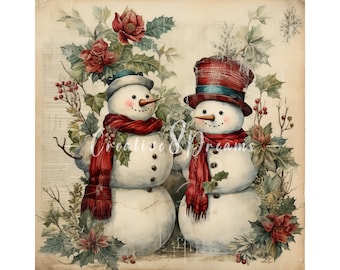 Shabby Chic Red Floral Snowmen Clipart Bundle- 10 High Quality Watercolor JPGs- Christmas, Decoupage Craft, Scrapbooking, Digital Download