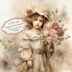 Pacchetto di clipart in carta invecchiata "Ragazza vintage shabby chic con rose rosa" - 10 JPG acquerellati di alta qualità - Journaling, Scrapbook, Download digitale