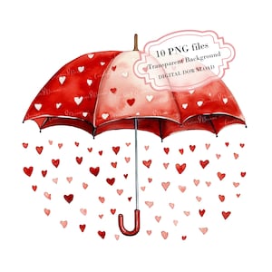 Red Umbrella in Heart Rain Clipart Bundle- 10 High Quality Watercolor PNGs- Love, Valentine&#39;s Day, Journaling, Scrapbook, Digital Download