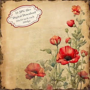 Vintage Page with Poppies Clipart Bundle- 10 High Quality Watercolor JPGs- Decoupage Craft, Junk Journaling, Scrapbook, Digital Download