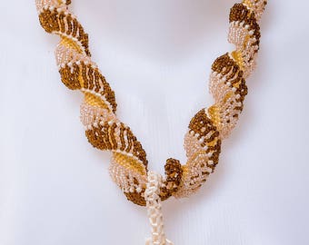 Bead tassel necklace, seed bead necklace, brown, yellow, statement necklace,gift for woman, unique jewelry, handmade  jewelry