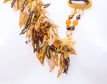 Gold seed bead necklace, yellow, cluster necklace,brown seed bead jewelry, gold statement necklace, gift for woman, handmade jewelry,unique