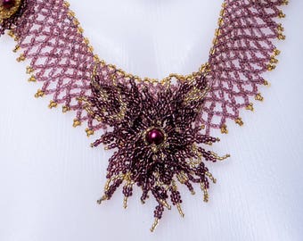 Seed bead necklace, gold bead necklace, violet bead necklace, purple bead necklace, stitch necklace, purple pendant necklace, purple jewelry