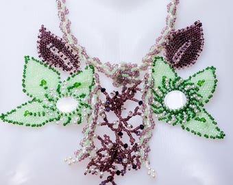Green seed bead necklace, flower bead necklace,stitch necklace, art necklace, purple bead necklace, Unique jewelry, Gift for woman, handmade