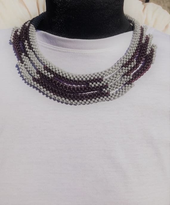 Purple Seed Bead Necklace, Grey Stitch Necklace, Beaded Necklace