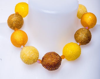 Yellow bead necklace, statement necklace,Czech bead necklace,chunky necklace, handmade jewelry, gift for woman, unique  jewelry