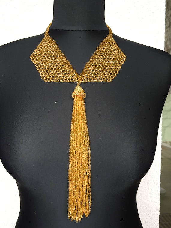 Golden tassel necklace, gold tassel jewelry, gold bead necklace, gold seed bead jewelry, gold gift for woman,unique necklace