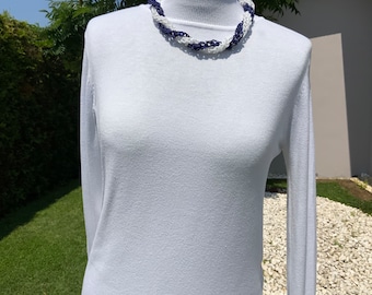 Blue bead necklace, white bead necklace,knit bead necklace, unique jewelry, blue gift for woman,handmade jewelry, unique jewelry