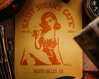 1950's Style Pin Up Hot Sexy Sassy Susan's Cafe Death Valley California Coffee Shop Barista Travel Sticker - Premium Quality - Matte Finish