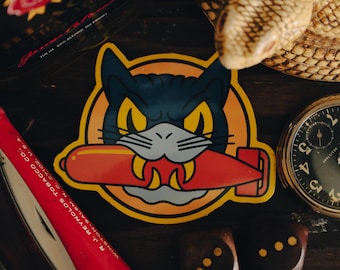 WWII Inspired Black Cat Squadron Sticker – Retro Bomber Nose Art Style Vinyl Decal, Vintage Military Aviation Collectible