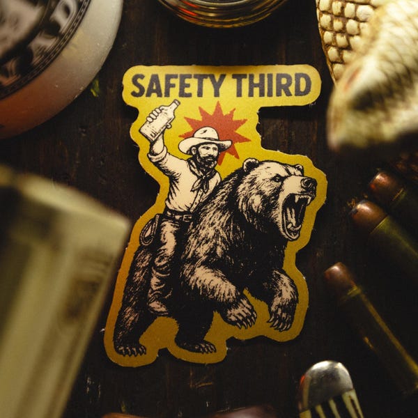 Safety Third Cowboy Riding Bear Whiskey Sticker – Funny Vintage Western Decal for Toolboxes, Coolers, or Trucks (Adventure Gift)