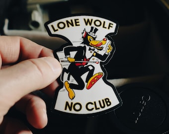 Lone Wolf No Club Sticker – Funny Retro Biker Decal – Outlaw Wolf Cartoon Vinyl for Car, Laptop, Helmet, Toolbox - 4 x 3 inch