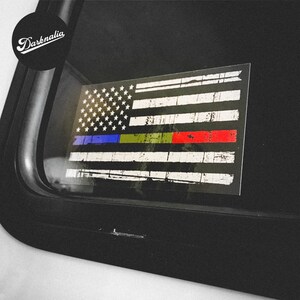 Support First Responders - Thin Blue Green Red Line Flag Car Sticker - 5" x 3"