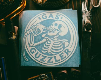Funny 'Gas Guzzler Skeleton Decal – Unique Vinyl Sticker – Perfect for Cars, Trucks, Laptops, and More – Durable 5 inch