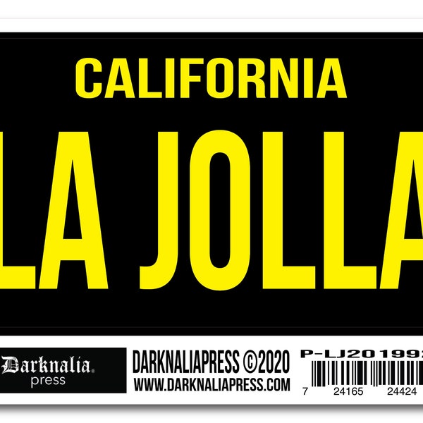 Darknalia - La Jolla San Diego California Classic License Plate Vinyl Souvenir Sticker - Black/Yellow - Waterproof -