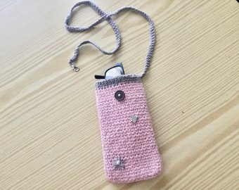 Etui lunettes crocheté main en coton rose et gris, cordon cou amovible. Fait main