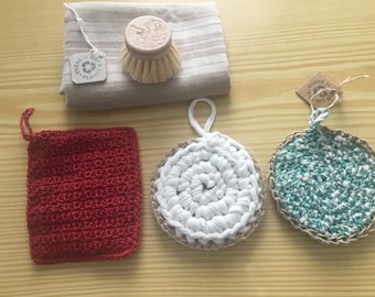 Éponges Tawashis  double face crochetés en coton, lin , jute / éponges durables, lavables / fait main