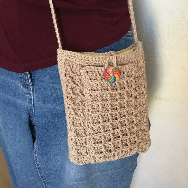 Sac bandoulière poche téléphone incorporée / sac en coton beige tricoté main en coton. Modele unique