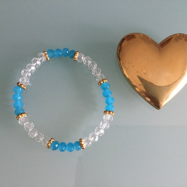 Bracelet perles transparentes blanches et bleues /bracelet standard fait main