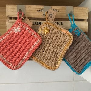 Double-sided washcloths/reusable sponges, ecological hand crocheted in beige, taupe, salmon cotton, ecological sponges/oven pot holders..