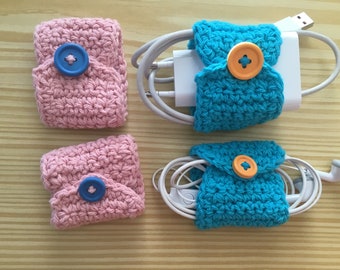 Two sets of cable organizers for iPod and telephone pink/blue hand crocheted with cotton