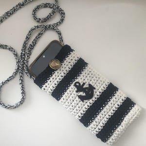Hand crocheted navy blue white cell phone case/phone pouch/bag