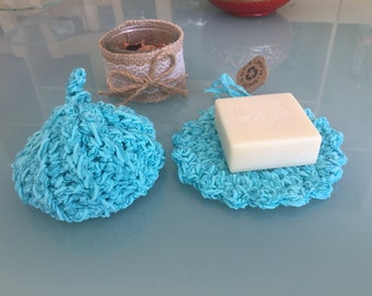 Ensemble pose savon et Tawashi bleu/  accessoires cuisine & salle de bain/ crochetés main