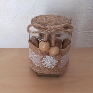 Vintage zero-waste glazen pot bekleed met jute en kant / woondecoratie / upcycling / handgemaakt
