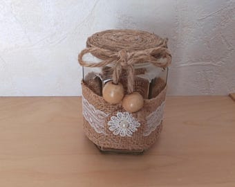Tarro de cristal vintage de cero residuos cubierto de yute y encaje / decoración del hogar / reciclaje creativo / hecho a mano