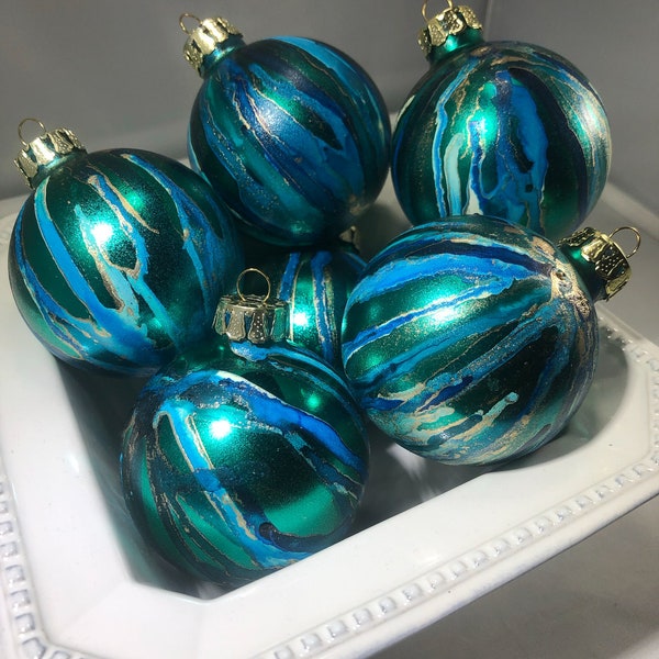 Peacock blues, greens, and gold Christmas ball ornaments - alcohol ink. SOLD SEPARATELY. Ornaments are 4 in across, 4 in top to bottom.