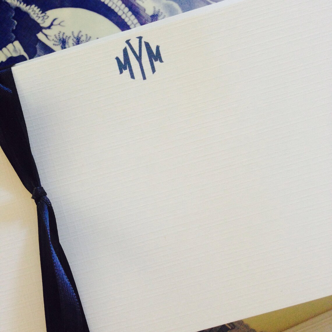 Custom Octagon Monogram on White Linen Stationery 4x6 or
