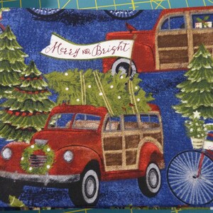 Christmas Fabric: Vintage Woody Wagons Hauling Trees - Beth Albert Design