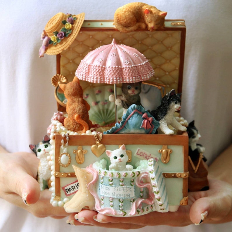 Vintage Music Box Cat Kitten Theme 6 Cats Resin Jewel Box Etsy