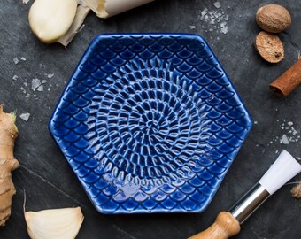 Blue- The Grate Plate Ceramic Grater 3 Piece set: Ceramic Grating Plate, Silicone Garlic Peeler and Wooden Handle Gathering Brush