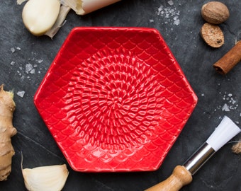 Red- The Grate Plate Ceramic Grater 3 Piece set: Ceramic Grating Plate, Garlic Peeler and Wooden Handled Gathering Brush