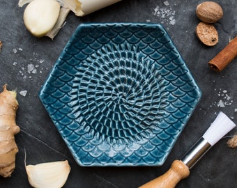 Teal- The Grate Plate Ceramic Grater 3 Piece set: Ceramic Grating Plate, Silicone Garlic Peeler and Wooden Handle Gathering Brush