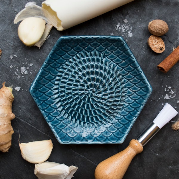 Teal- The Grate Plate Ceramic Grater 3 Piece set: Ceramic Grating Plate, Silicone Garlic Peeler and Wooden Handle Gathering Brush