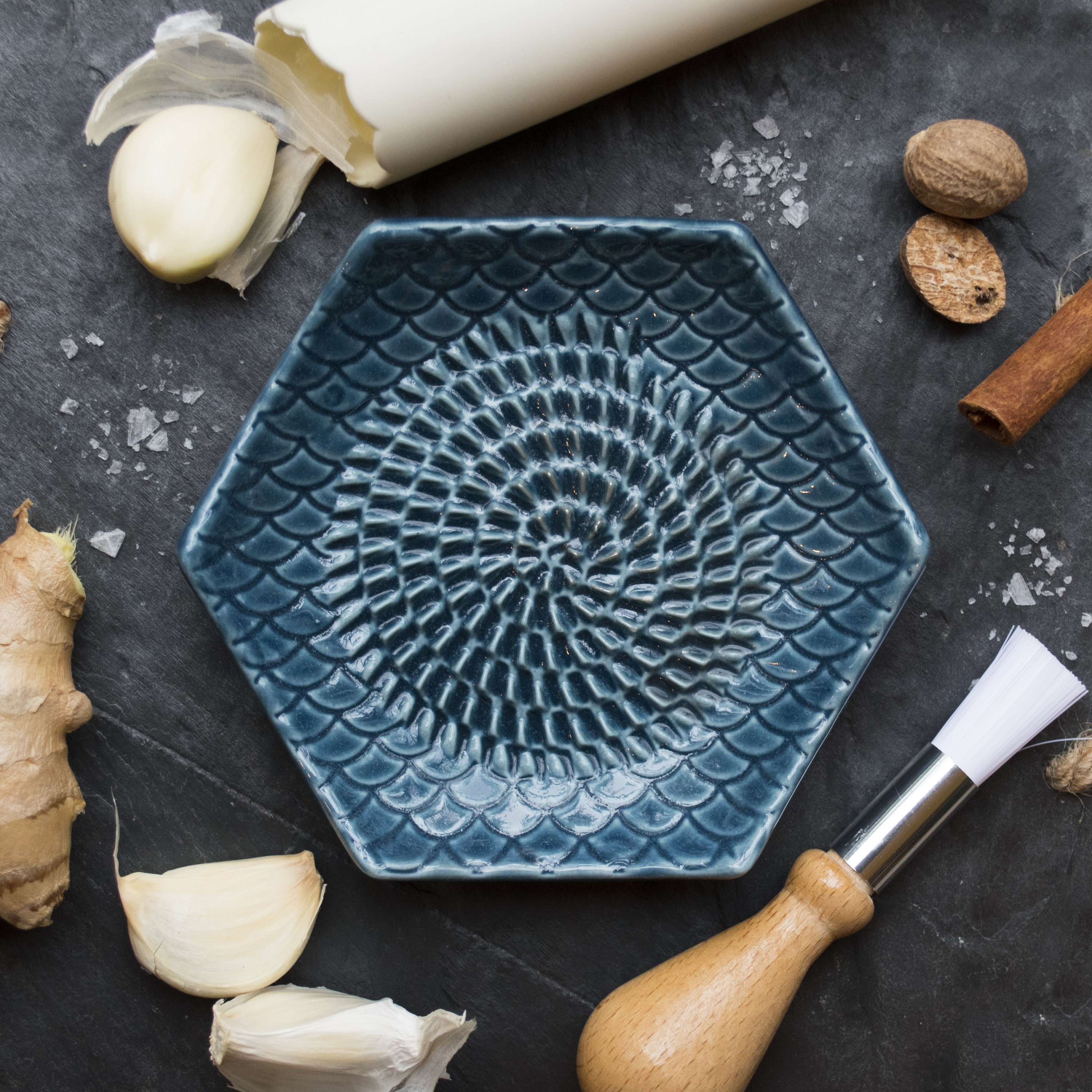 Teal the Grate Plate Ceramic Grater 3 Piece Set: Ceramic Grating Plate,  Silicone Garlic Peeler and Wooden Handle Gathering Brush 