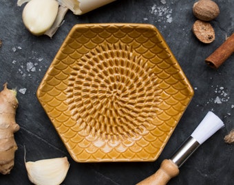 Golden Brown- The Grate Plate Ceramic Grater 3 Piece set: Ceramic Grating Plate, Silicone Garlic Peeler and Wooden Handle Gathering Brush