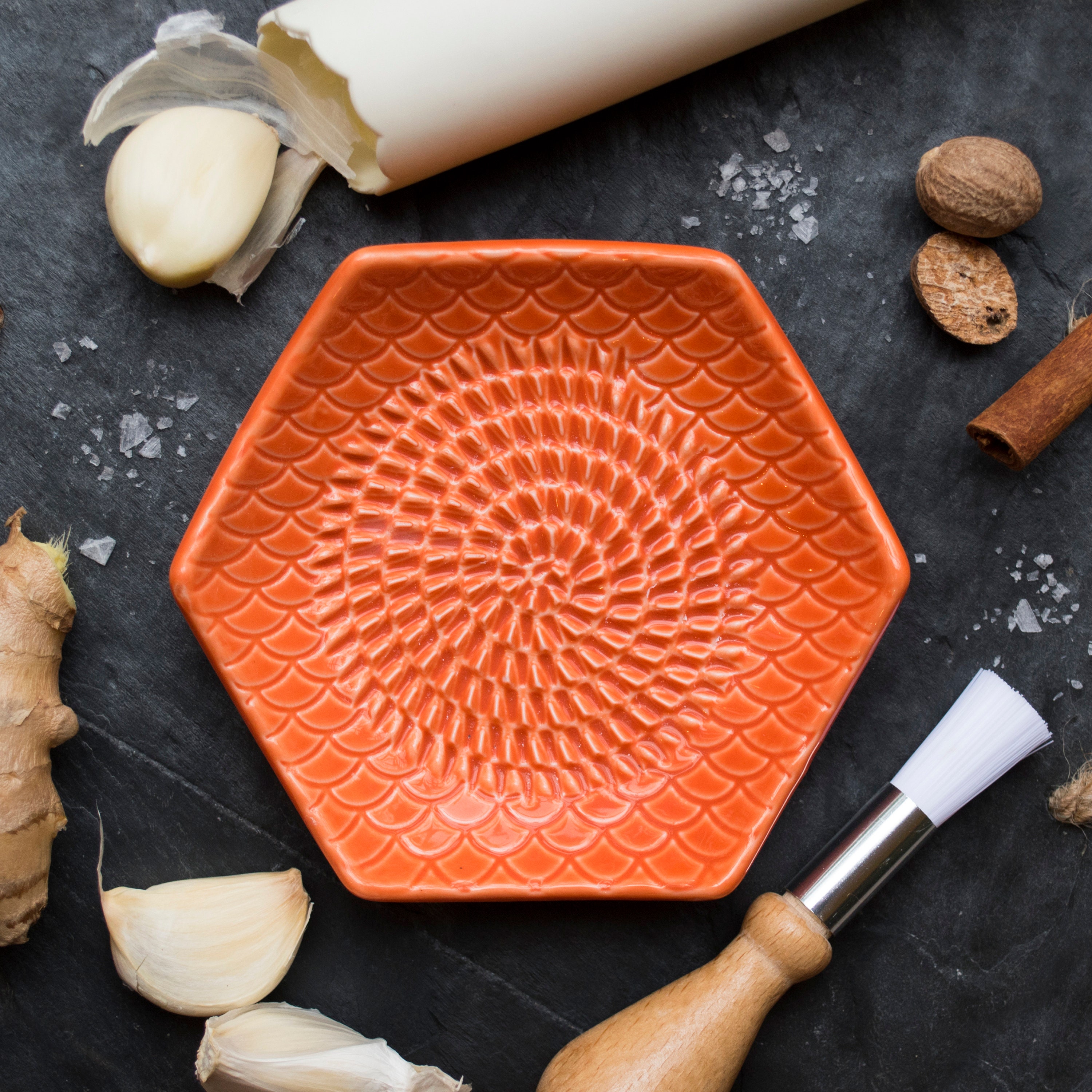 Ceramic Garlic Grater Set  Includes Plate Grater, Peeler and Brush