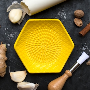 Lemon Yellow- The Grate Plate Ceramic Grater 3 Piece set: Ceramic Grating Plate, Garlic Peeler and Wooden Handle Gathering Brush