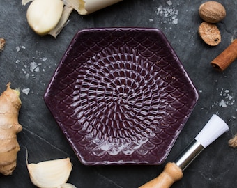 Eggplant - The Grate Plate Ceramic Grater 3 Piece set: Ceramic Grating Plate, Silicone Garlic Peeler and Wooden Handle Gathering Brush