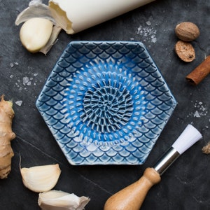 Blue Tie Dye - The Grate Plate Ceramic Grater 3 Piece set: Ceramic Grating Plate, Garlic Peeler and Wooden Handled Gathering Brush