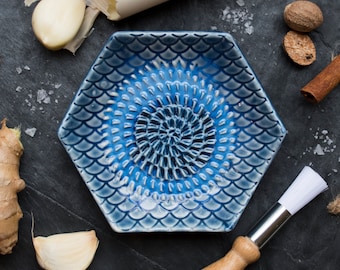 Blue Tie Dye - The Grate Plate Ceramic Grater 3 Piece set: Ceramic Grating Plate, Silicone Garlic Peeler and Wooden Handle Gathering Brush