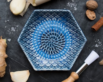 Blue Tie Dye - The Grate Plate Ceramic Grater 3 Piece set: Ceramic Grating Plate, Garlic Peeler and Wooden Handled Gathering Brush